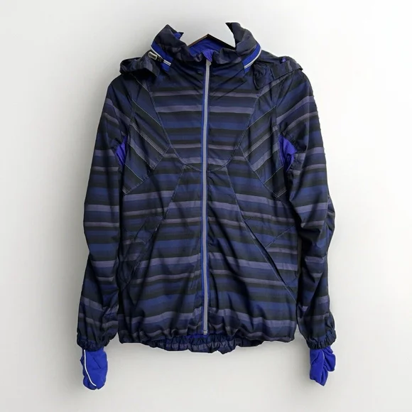 Lululemon Women's 4 Blue Black Striped Zip Front Run Hustle Jacket Packable Hood - Picture 1 of 14
